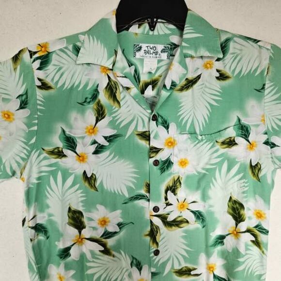 Vintage Two Palms Green Flower Hawaiian Shirt Size Small - Picture 1 of 4
